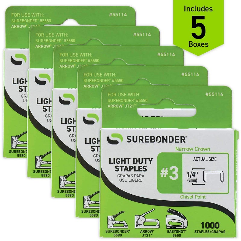 Surebonder 55114#3 Light Duty Narrow Crown Staples - 1/4" Length - 1000/box, 5 Pack - Image 5